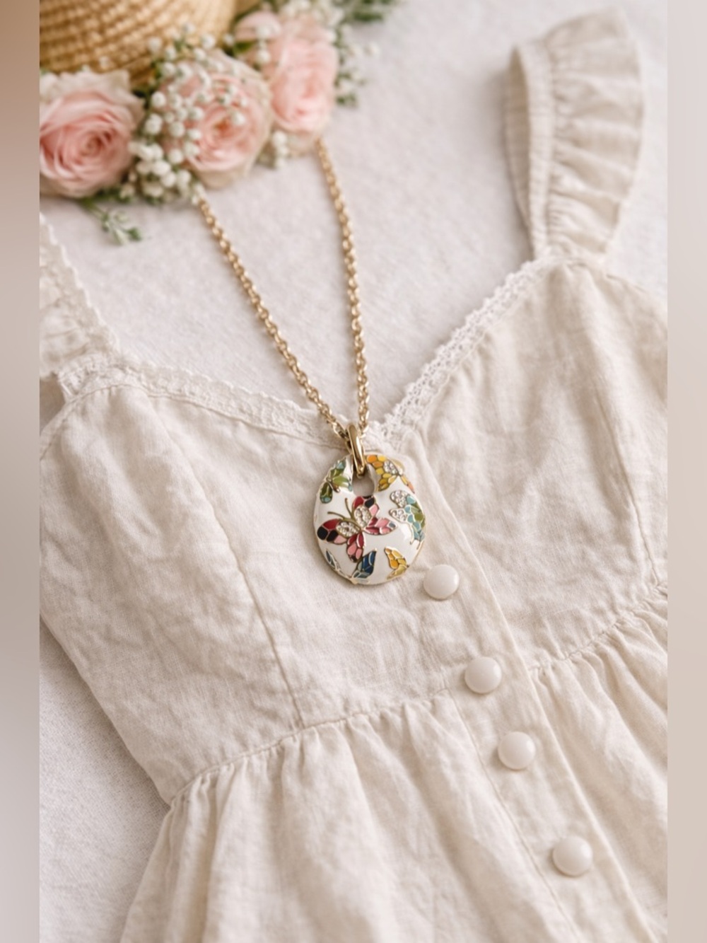 Vintage Sarah Coventry Butterfly Enamel Pendant Necklace | Garden Party Charm - Picture 2 of 7